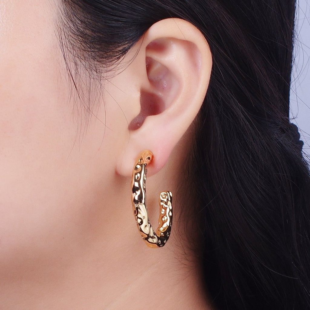 14K Gold plated 40mm Hammered C-Shaped Hoop Earrings | V068 - DLUXCA