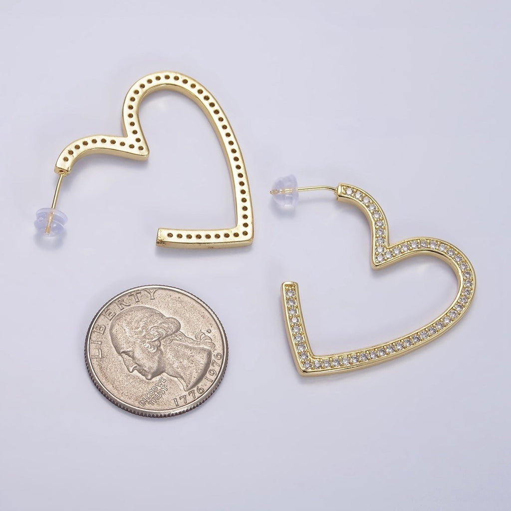14K Gold plated 40mm Open Heart CZ Lined Hoop Earrings | AE099 - DLUXCA