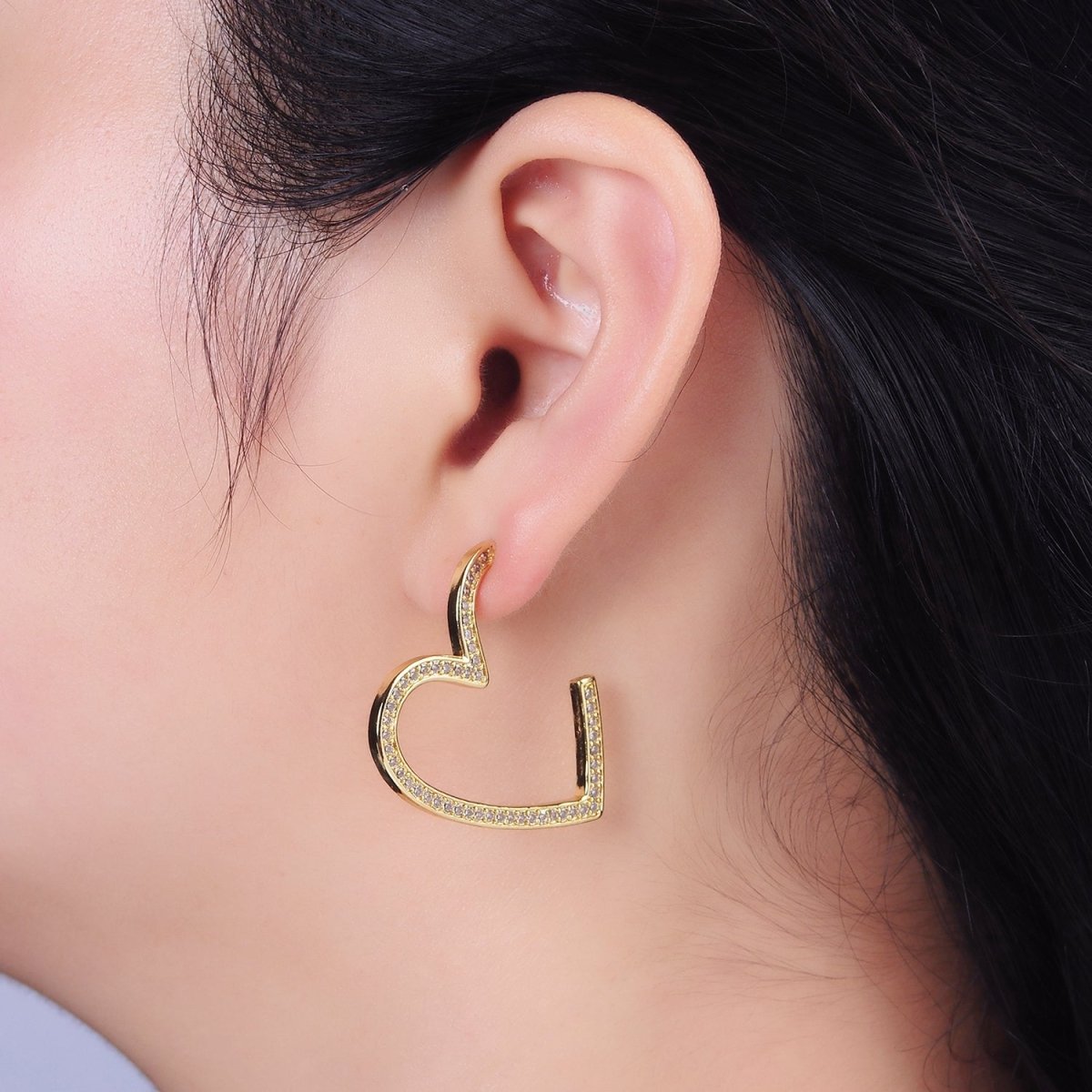 14K Gold plated 40mm Open Heart CZ Lined Hoop Earrings | AE099 - DLUXCA