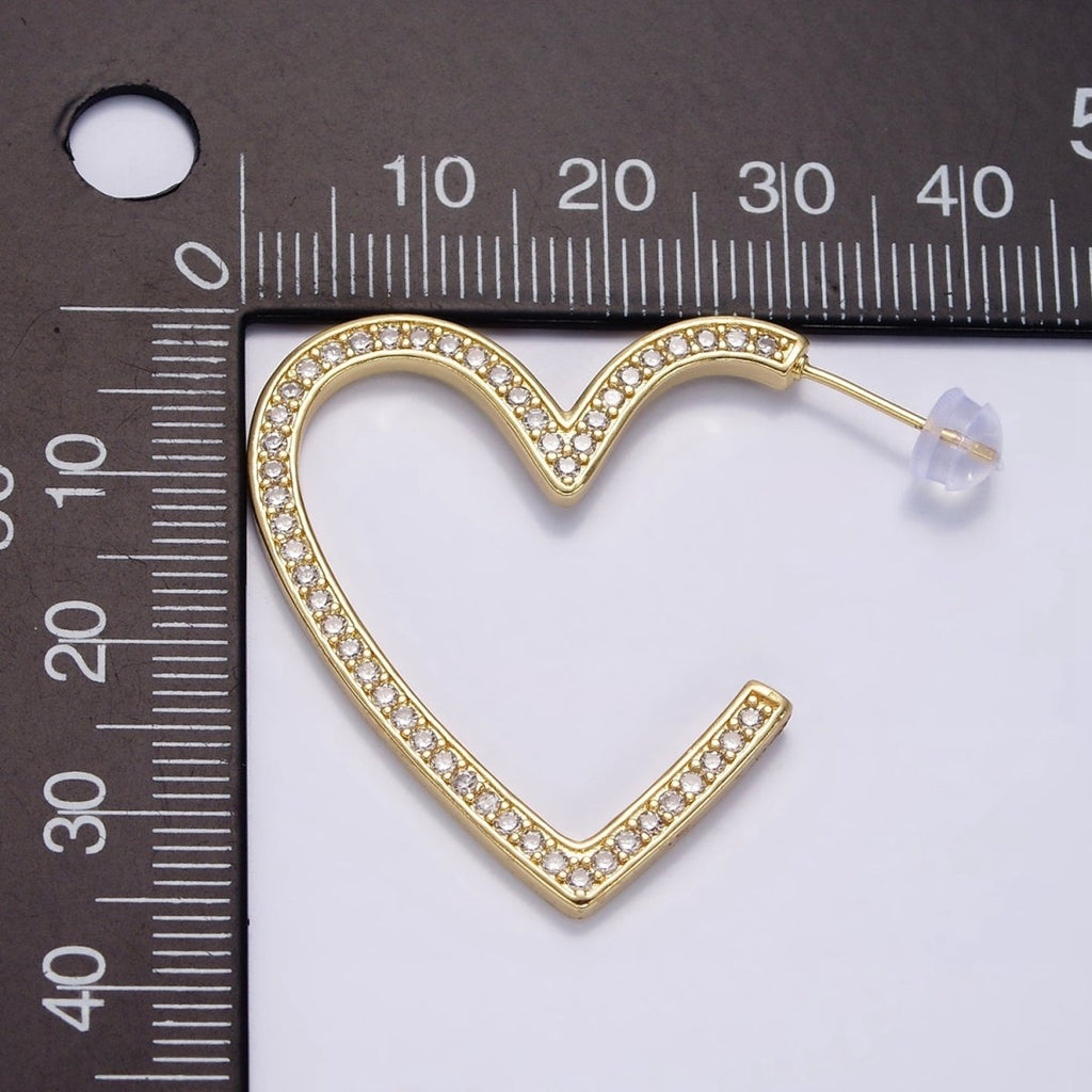 14K Gold plated 40mm Open Heart CZ Lined Hoop Earrings | AE099 - DLUXCA