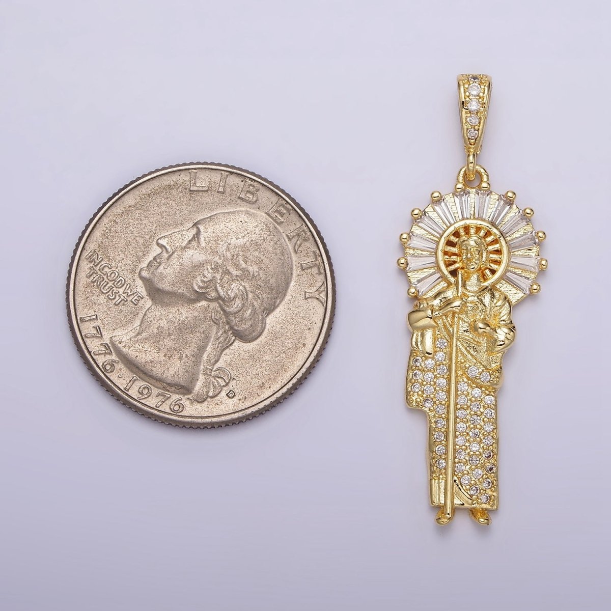 14K Gold plated 40mm Saint Jude Clear Baguette Micro Paved CZ Bail Pendant | AA - DLUXCA
