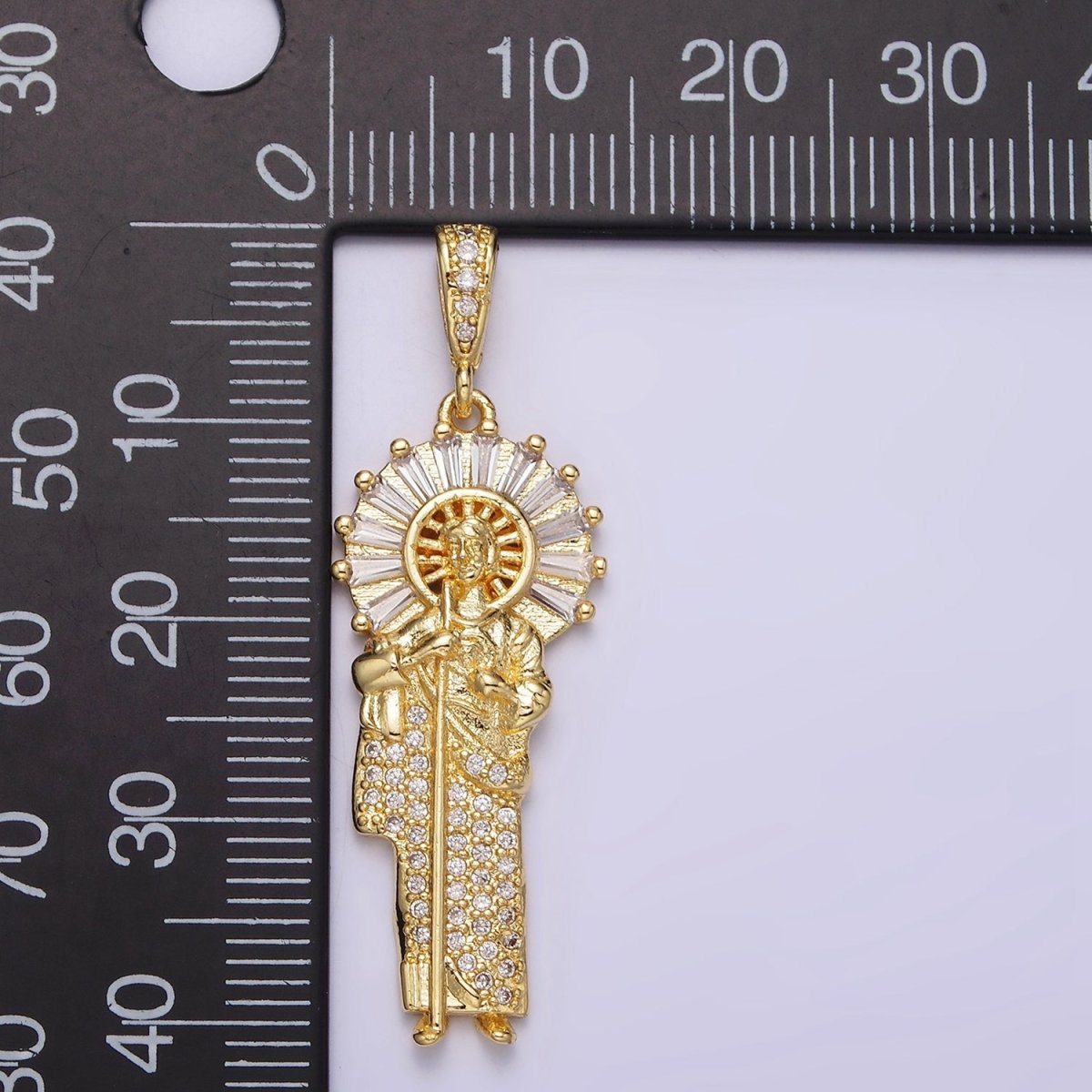 14K Gold plated 40mm Saint Jude Clear Baguette Micro Paved CZ Bail Pendant | AA - DLUXCA
