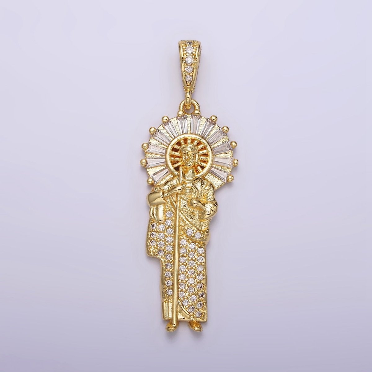 14K Gold plated 40mm Saint Jude Clear Baguette Micro Paved CZ Bail Pendant | AA - DLUXCA