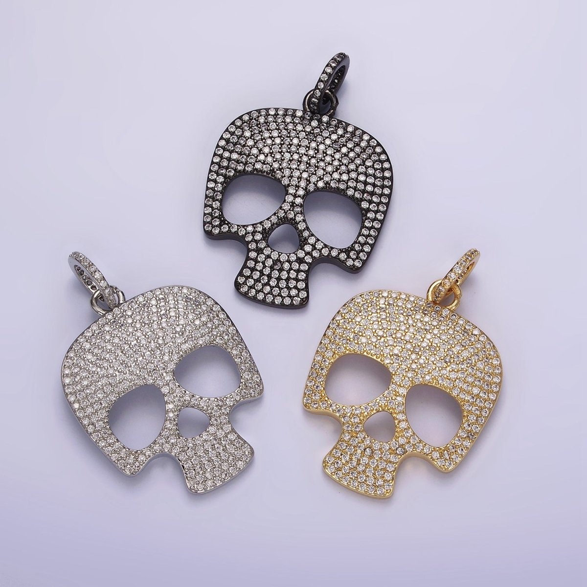 14K Gold plated 40mm Skeleton Skull Clear Micro Paved CZ Charm in Black, Gold & Silver | AC845 - AC847
