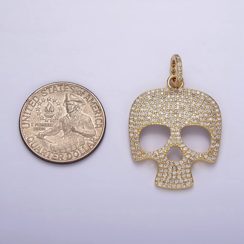 14K Gold plated 40mm Skeleton Skull Clear Micro Paved CZ Charm in Black, Gold & Silver | AC845 - AC847