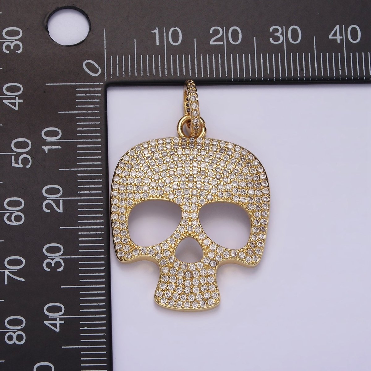 14K Gold plated 40mm Skeleton Skull Clear Micro Paved CZ Charm in Black, Gold & Silver | AC845 - AC847