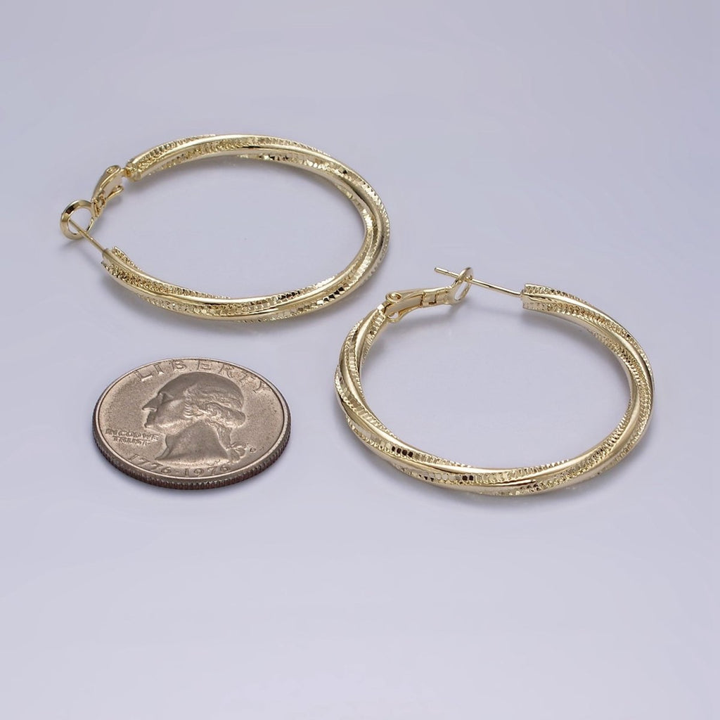 14K Gold plated 40mm Textured Spiral Hinge Hoop Earrings in Gold & Silver | AE299 AE300