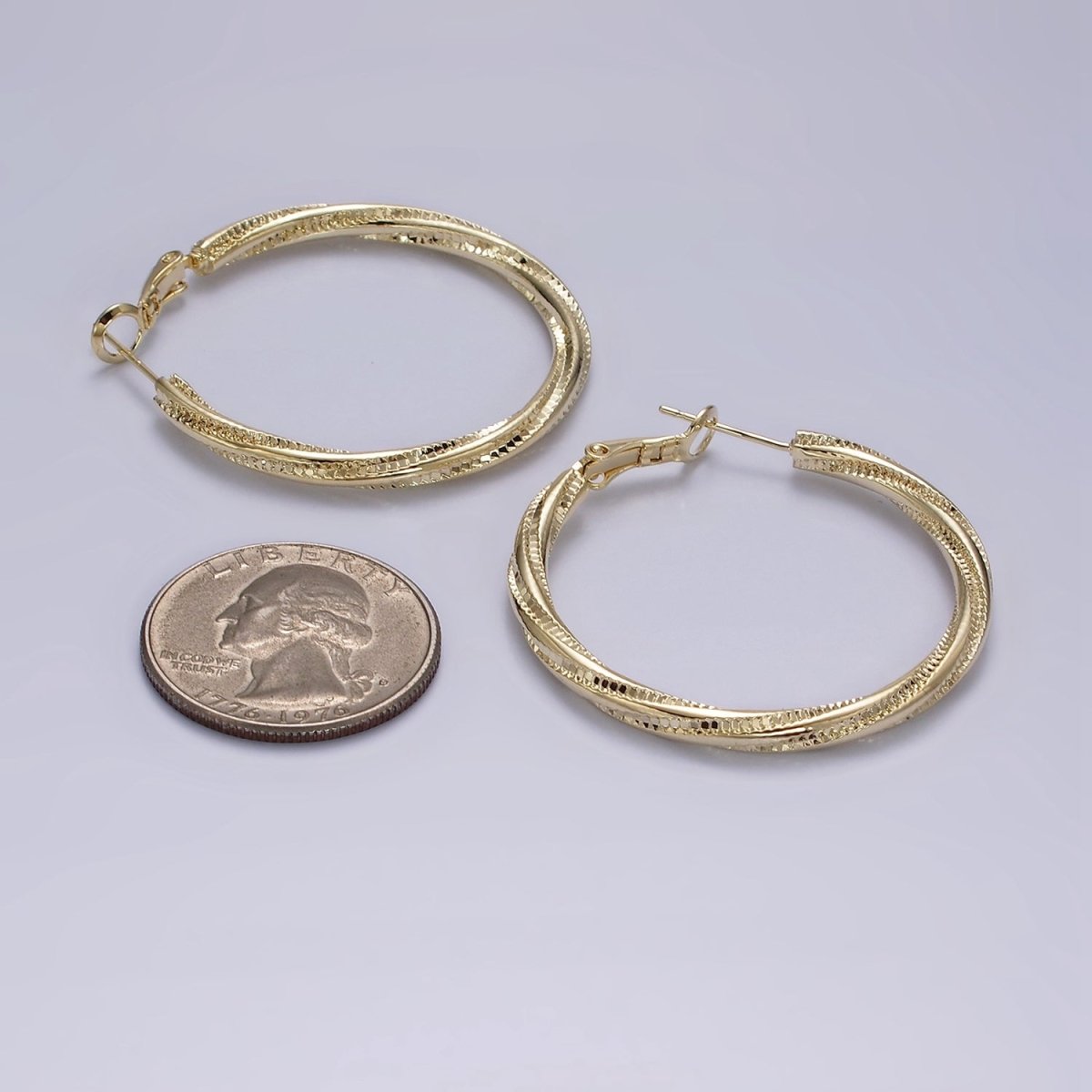 14K Gold plated 40mm Textured Spiral Hinge Hoop Earrings in Gold & Silver | AE299 AE300