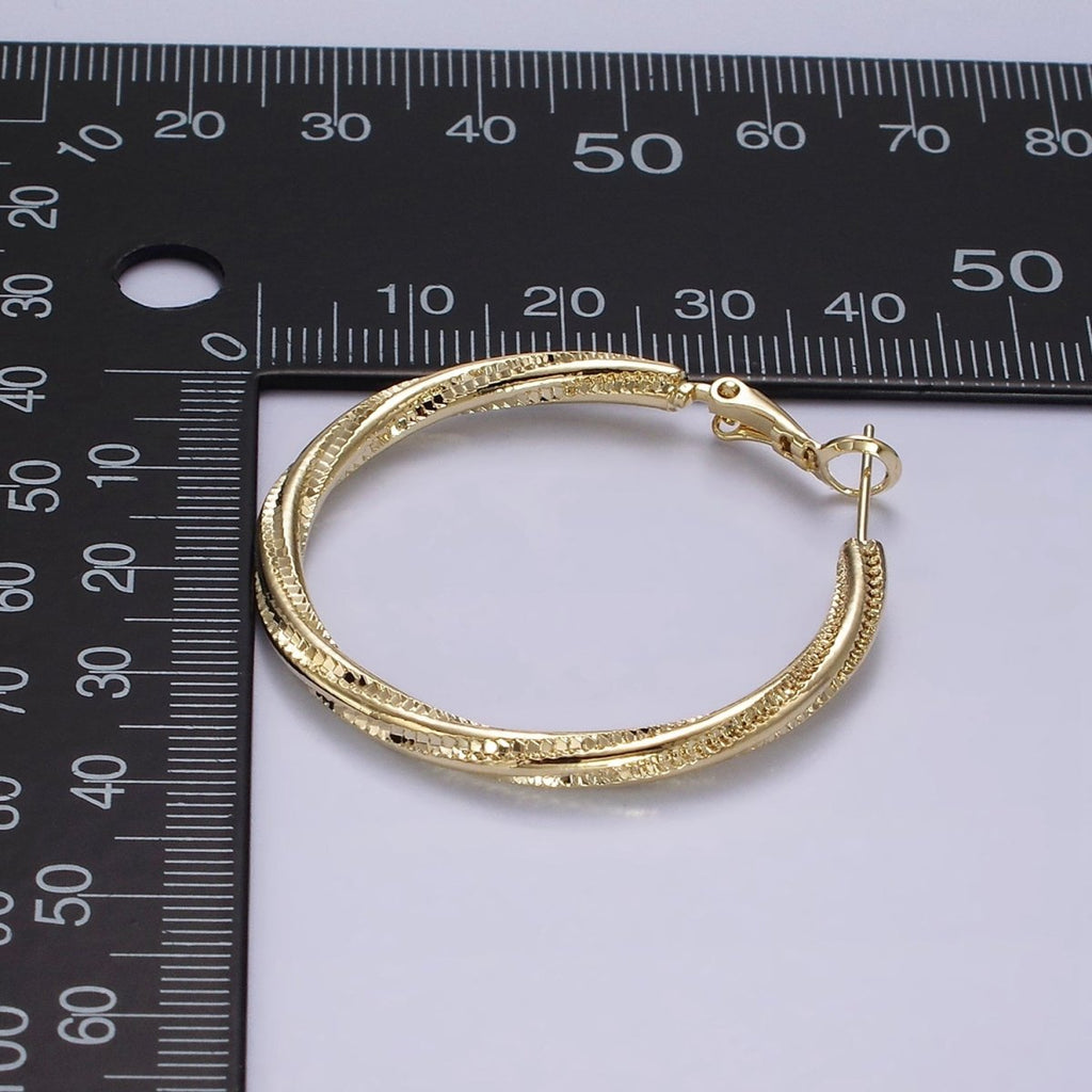 14K Gold plated 40mm Textured Spiral Hinge Hoop Earrings in Gold & Silver | AE299 AE300