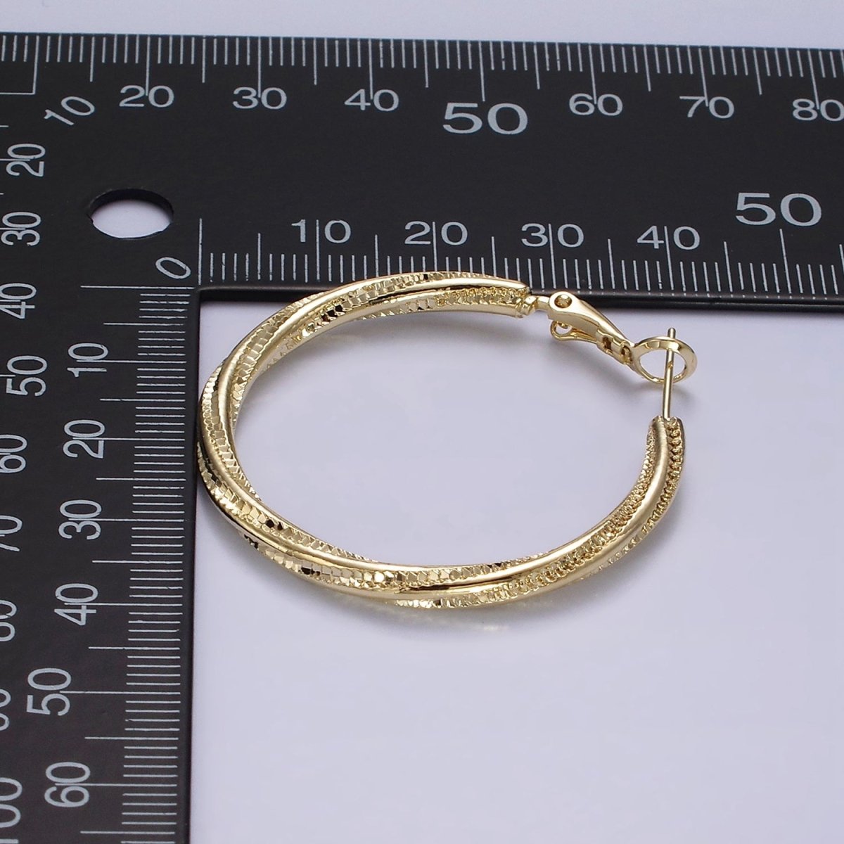 14K Gold plated 40mm Textured Spiral Hinge Hoop Earrings in Gold & Silver | AE299 AE300