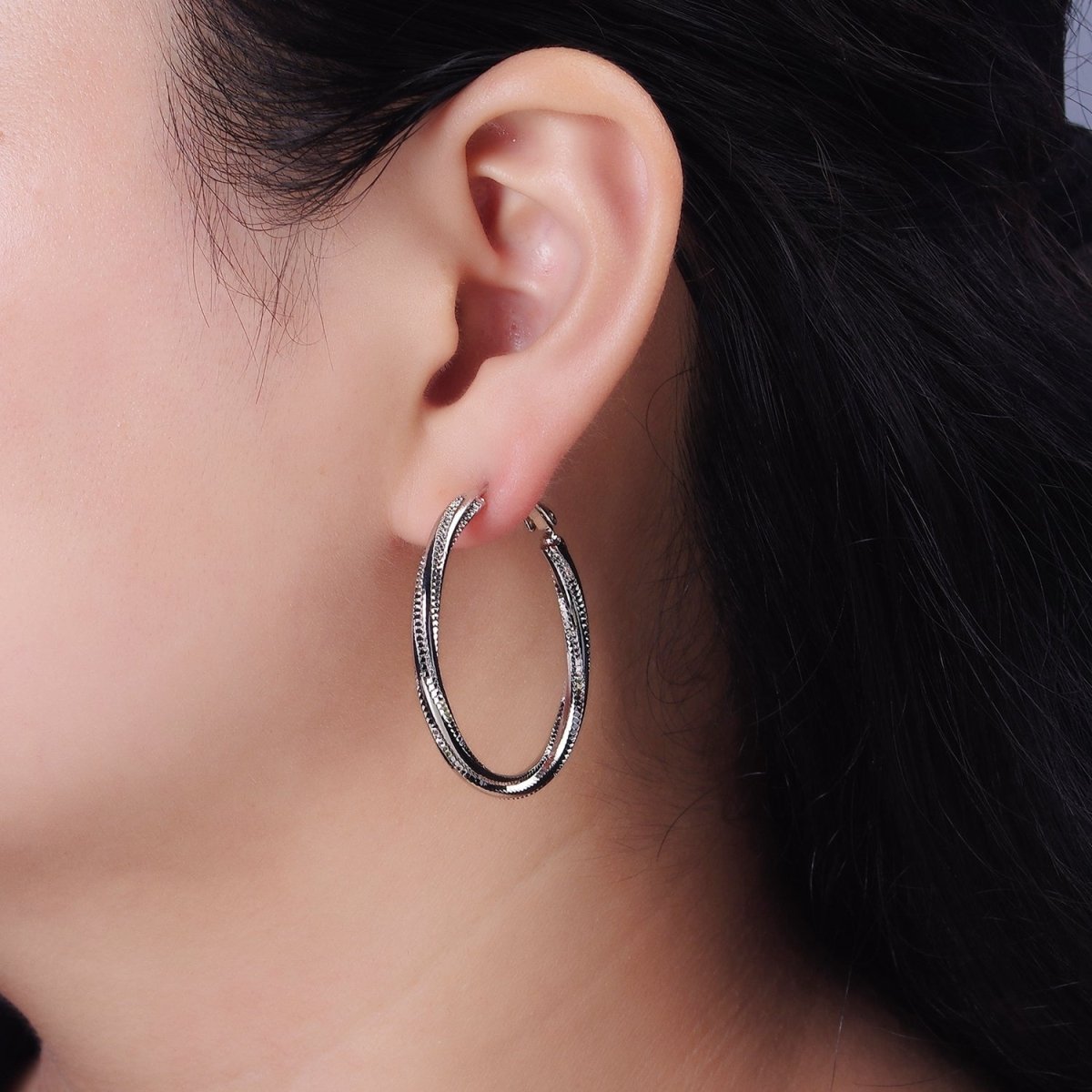 14K Gold plated 40mm Textured Spiral Hinge Hoop Earrings in Gold & Silver | AE299 AE300