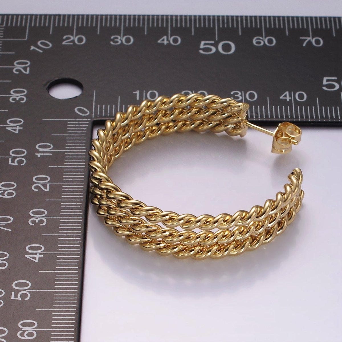 14K Gold plated 40mm Triple Twisted Croissant Rope C-Shaped Hoop Earrings | AE404 - DLUXCA