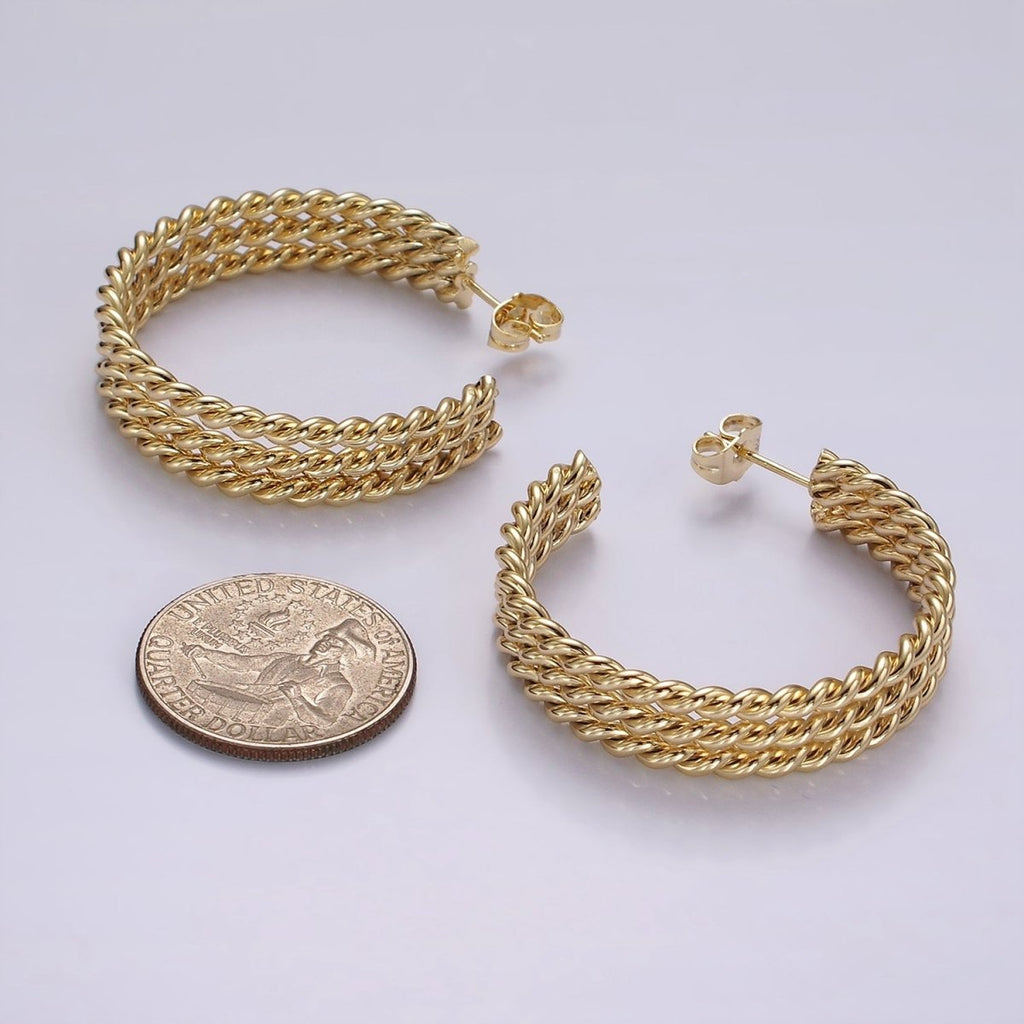 14K Gold plated 40mm Triple Twisted Croissant Rope C-Shaped Hoop Earrings | AE404 - DLUXCA