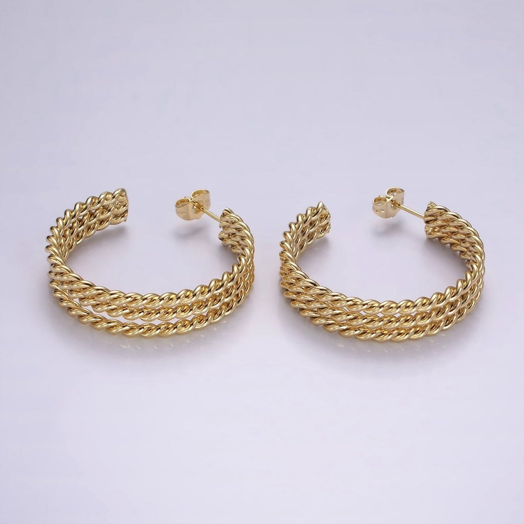 14K Gold plated 40mm Triple Twisted Croissant Rope C-Shaped Hoop Earrings | AE404 - DLUXCA