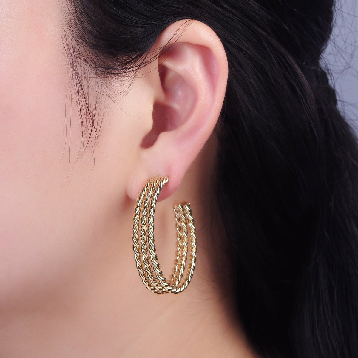 14K Gold plated 40mm Triple Twisted Croissant Rope C-Shaped Hoop Earrings | AE404 - DLUXCA