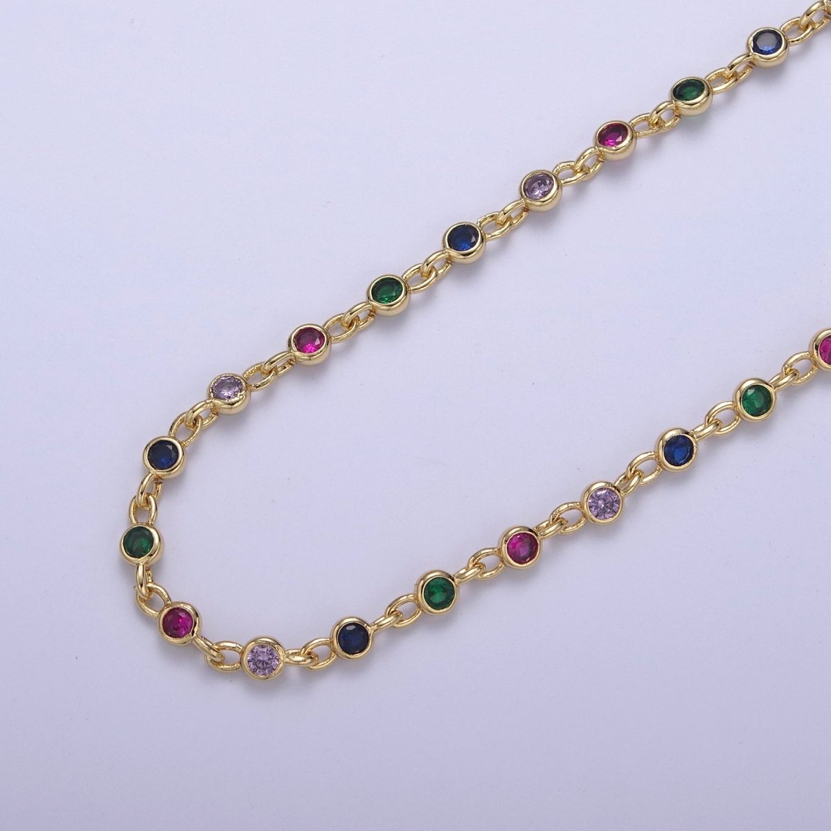 14K Gold plated 4MM Rainbow Round Cut Bezel Chain by Yard, Station Necklace CZ Diamond by Foot for Necklace Bracelet Jewelry Making | ROLL-773 Clearance Pricing - DLUXCA