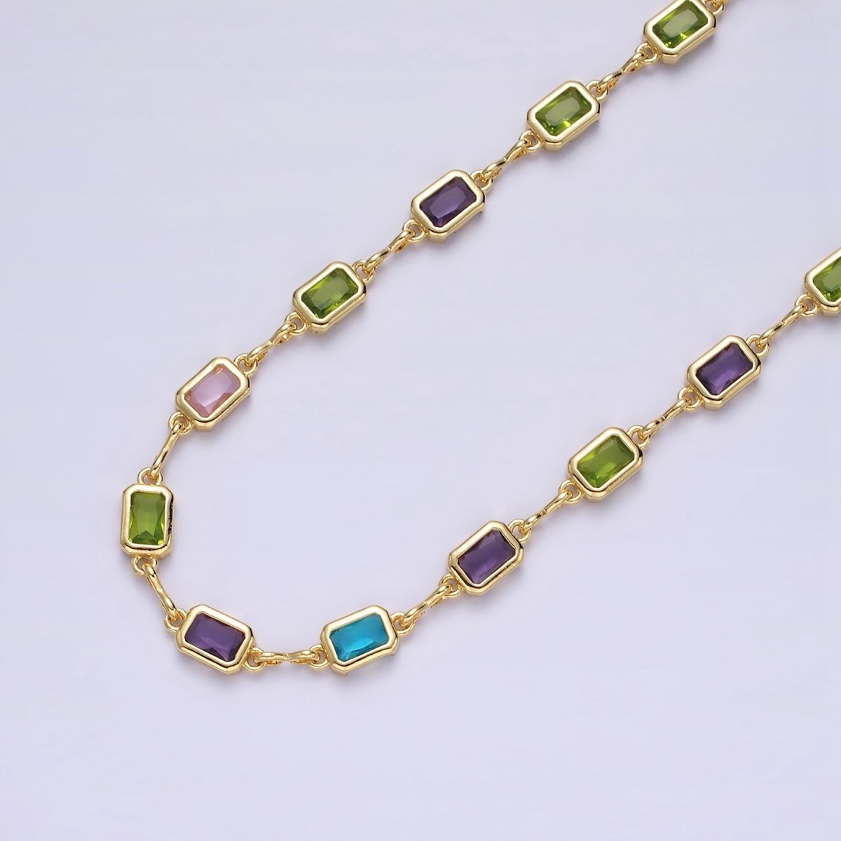 14K Gold plated 5.3mm Multicolor CZ Baguette Figure Eight Link Designed Unfinished Chain For Jewelry Making | ROLL-1362 Clearance Pricing - DLUXCA