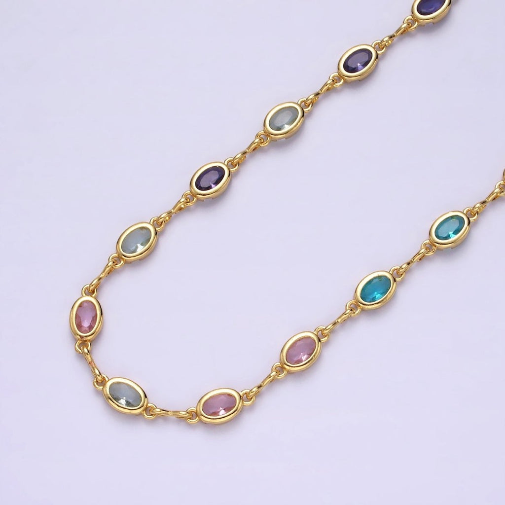 14K Gold plated 5.3mm Multicolor CZ Oval Figure Eight Link Designed Unfinished Chain For Jewelry Making | ROLL-1361 Clearance Pricing