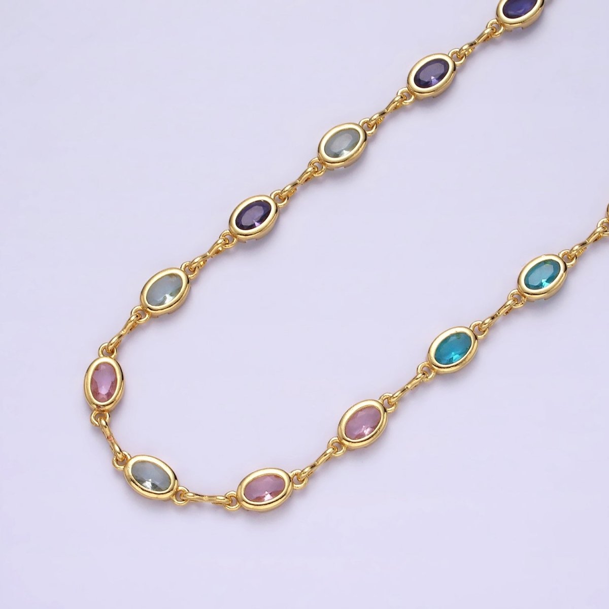 14K Gold plated 5.3mm Multicolor CZ Oval Figure Eight Link Designed Unfinished Chain For Jewelry Making | ROLL-1361 Clearance Pricing