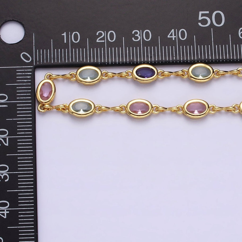 14K Gold plated 5.3mm Multicolor CZ Oval Figure Eight Link Designed Unfinished Chain For Jewelry Making | ROLL-1361 Clearance Pricing
