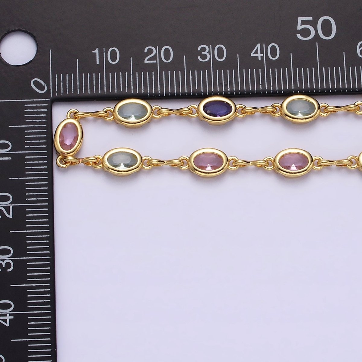14K Gold plated 5.3mm Multicolor CZ Oval Figure Eight Link Designed Unfinished Chain For Jewelry Making | ROLL-1361 Clearance Pricing