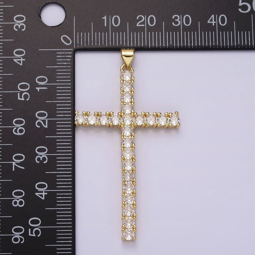 14K Gold plated 54mm Clear Micro Paved CZ Lined Long Latin Cross Religious Pendant | N1303 - DLUXCA