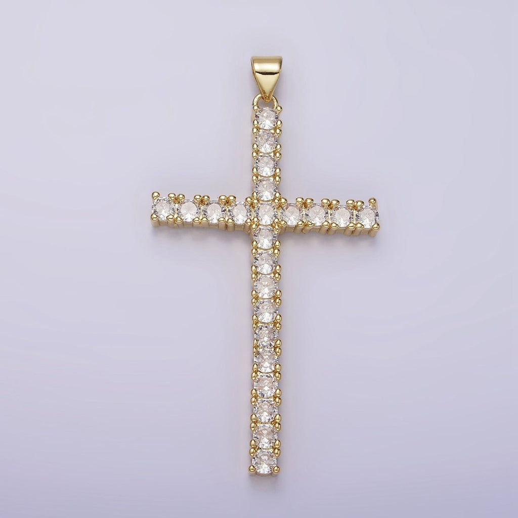 14K Gold plated 54mm Clear Micro Paved CZ Lined Long Latin Cross Religious Pendant | N1303 - DLUXCA