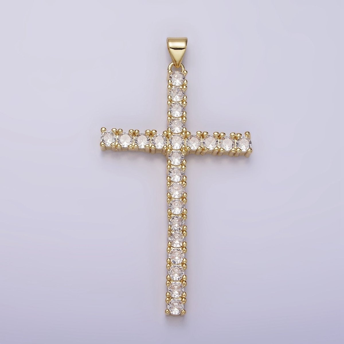 14K Gold plated 54mm Clear Micro Paved CZ Lined Long Latin Cross Religious Pendant | N1303 - DLUXCA