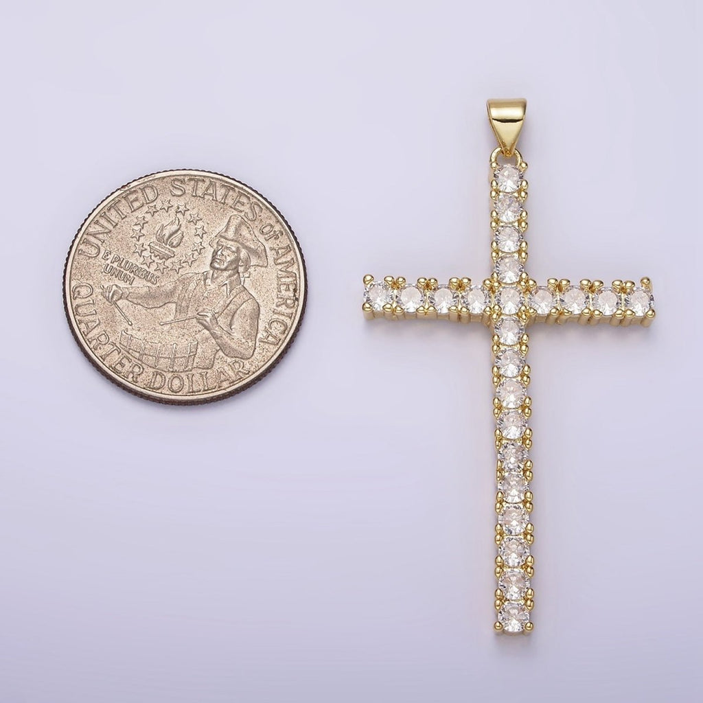 14K Gold plated 54mm Clear Micro Paved CZ Lined Long Latin Cross Religious Pendant | N1303 - DLUXCA