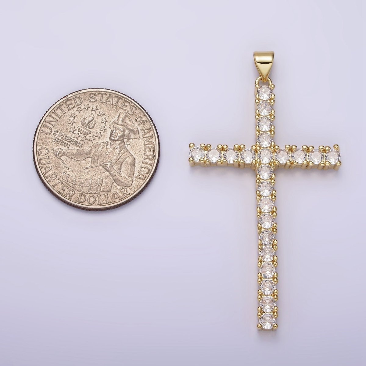 14K Gold plated 54mm Clear Micro Paved CZ Lined Long Latin Cross Religious Pendant | N1303 - DLUXCA