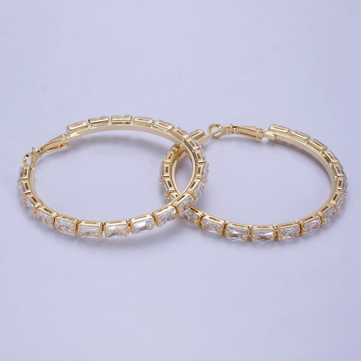 14K Gold plated 55mm Clear CZ Baguette Hinge Hoop Earrings in Gold & Silver | AE493 AE494