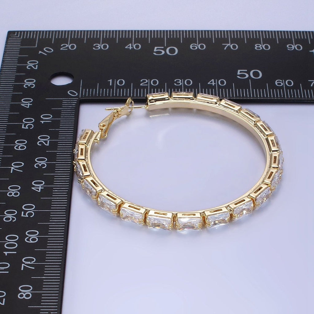 14K Gold plated 55mm Clear CZ Baguette Hinge Hoop Earrings in Gold & Silver | AE493 AE494