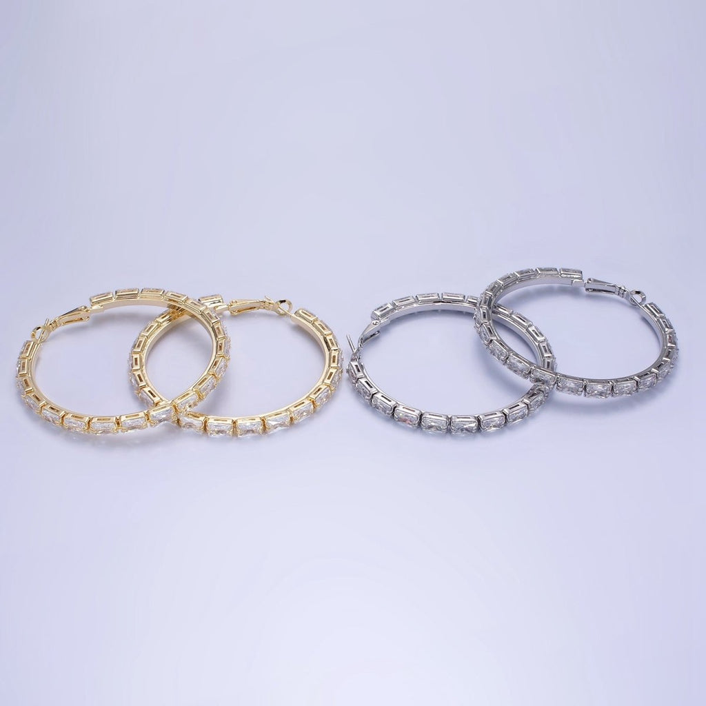 14K Gold plated 55mm Clear CZ Baguette Hinge Hoop Earrings in Gold & Silver | AE493 AE494