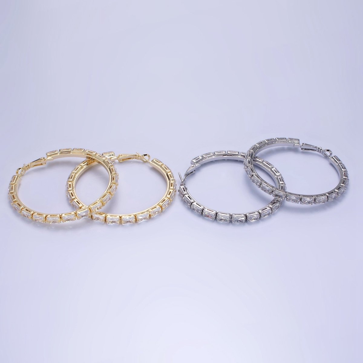 14K Gold plated 55mm Clear CZ Baguette Hinge Hoop Earrings in Gold & Silver | AE493 AE494