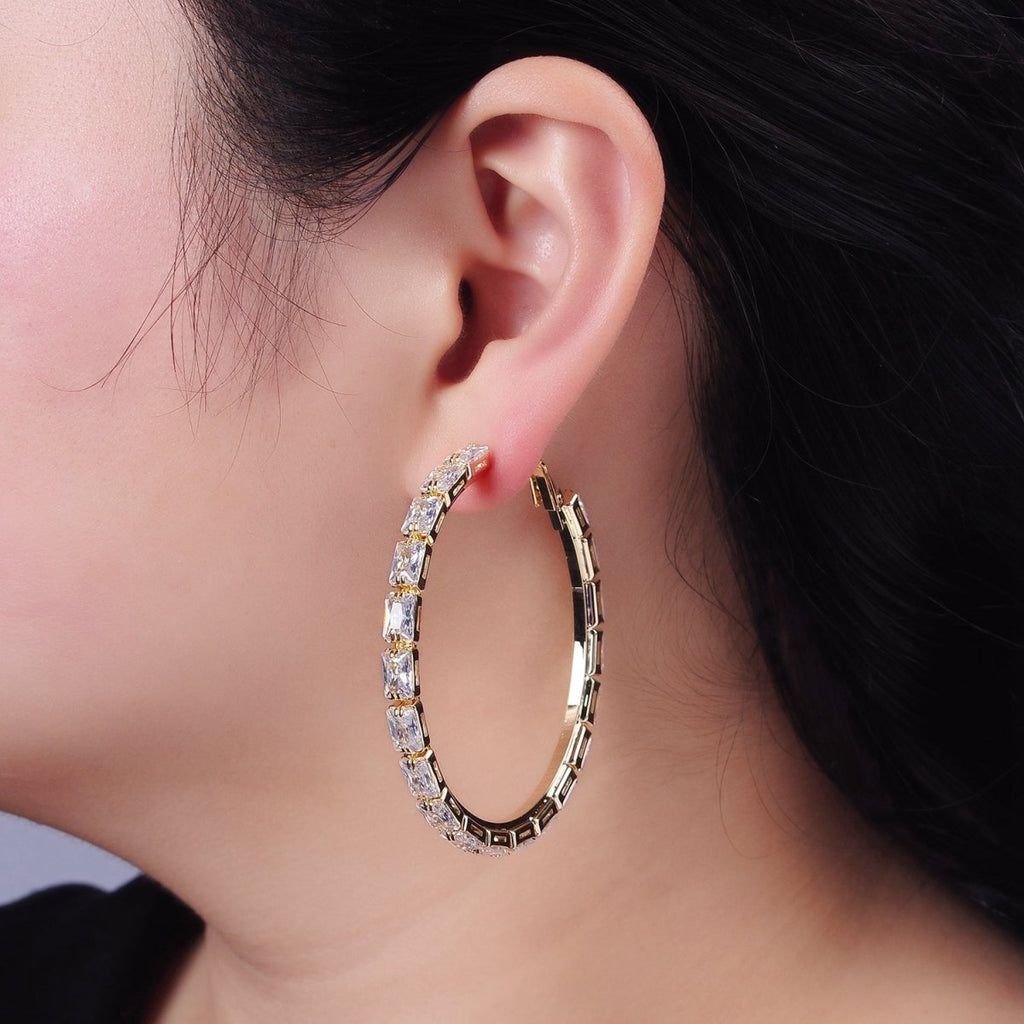 14K Gold plated 55mm Clear CZ Baguette Hinge Hoop Earrings in Gold & Silver | AE493 AE494