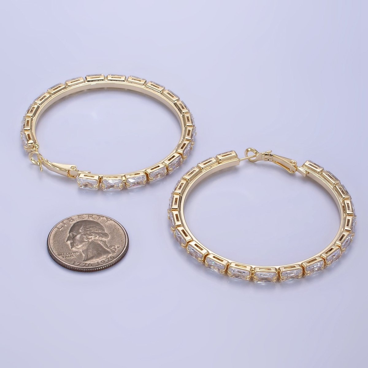 14K Gold plated 55mm Clear CZ Baguette Hinge Hoop Earrings in Gold & Silver | AE493 AE494