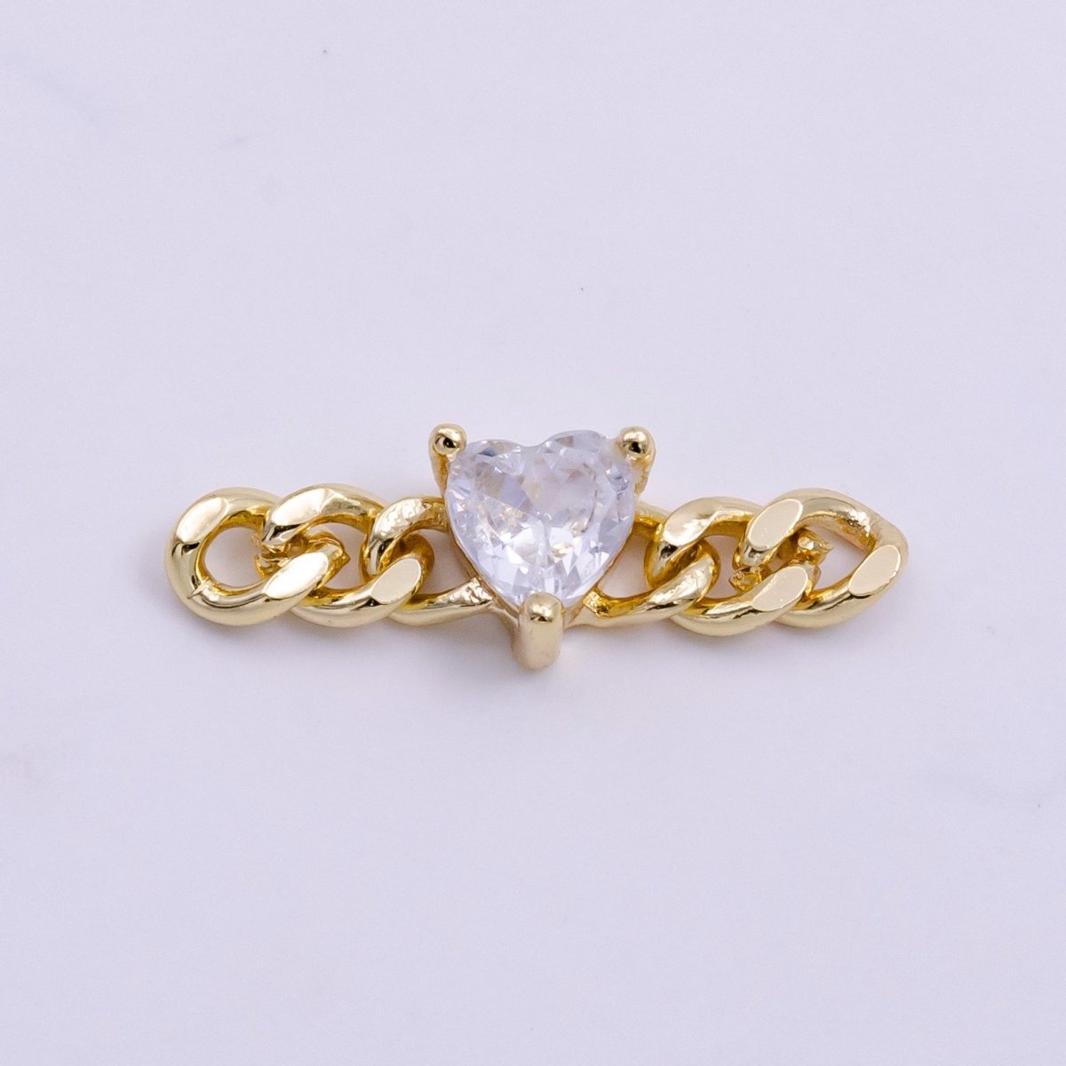 14K Gold plated 5mm Clear CZ Heart Curb Link Connector | G-218 - DLUXCA