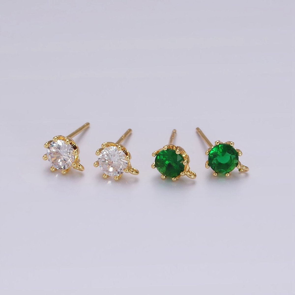 14K Gold plated 6.5mm Clear, Green Round CZ Open Loop Stud Earrings | Z634 Z635 - DLUXCA