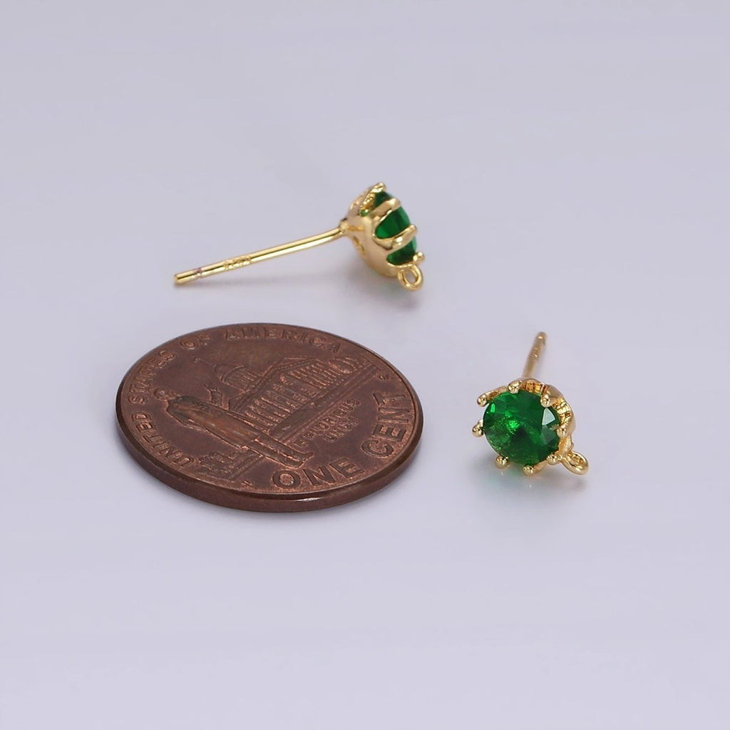 14K Gold plated 6.5mm Clear, Green Round CZ Open Loop Stud Earrings | Z634 Z635 - DLUXCA