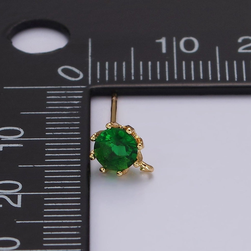14K Gold plated 6.5mm Clear, Green Round CZ Open Loop Stud Earrings | Z634 Z635 - DLUXCA
