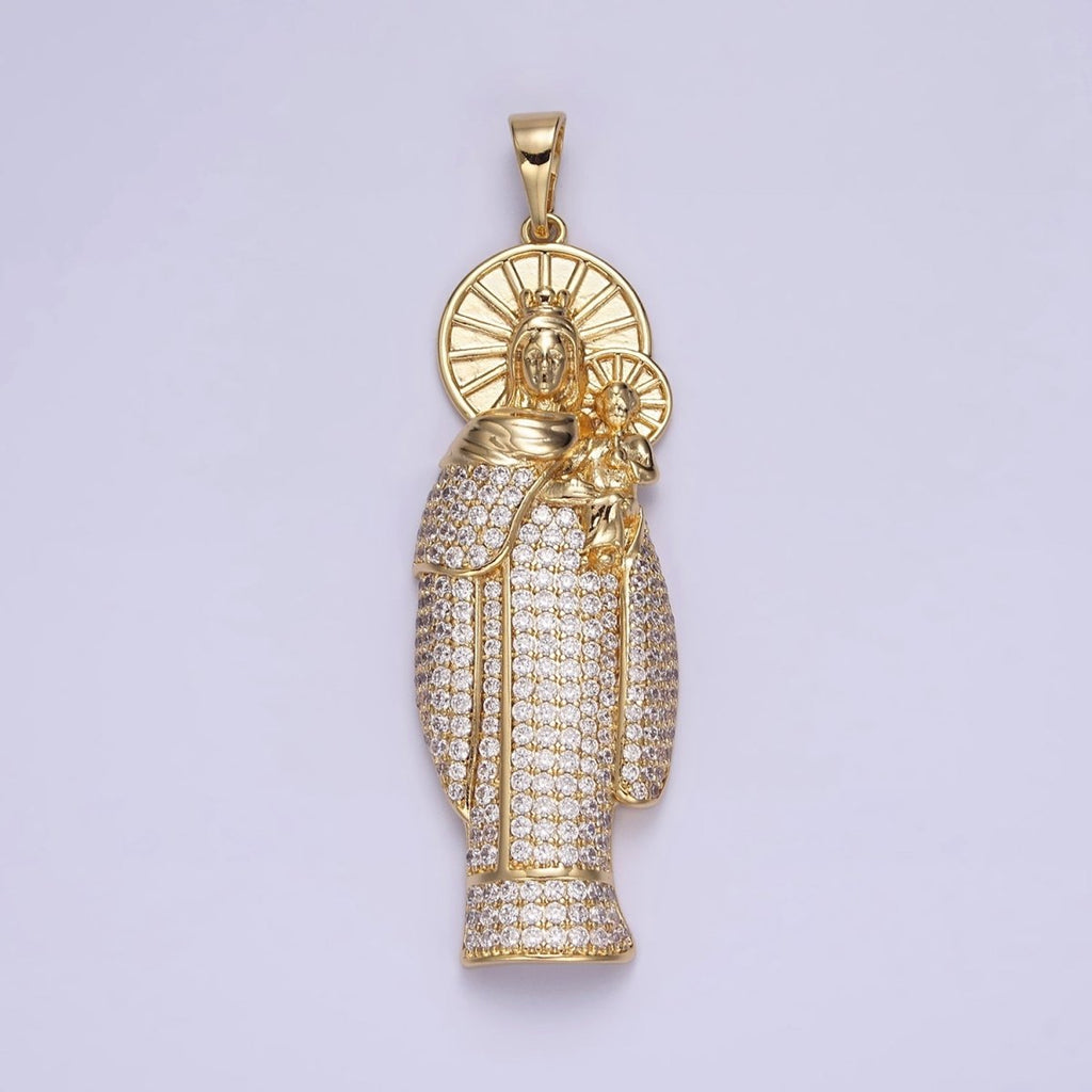 14K Gold plated 65mm Double Sunburst Lady Guadalupe Clear Micro Paved Pendant | AA648 - DLUXCA