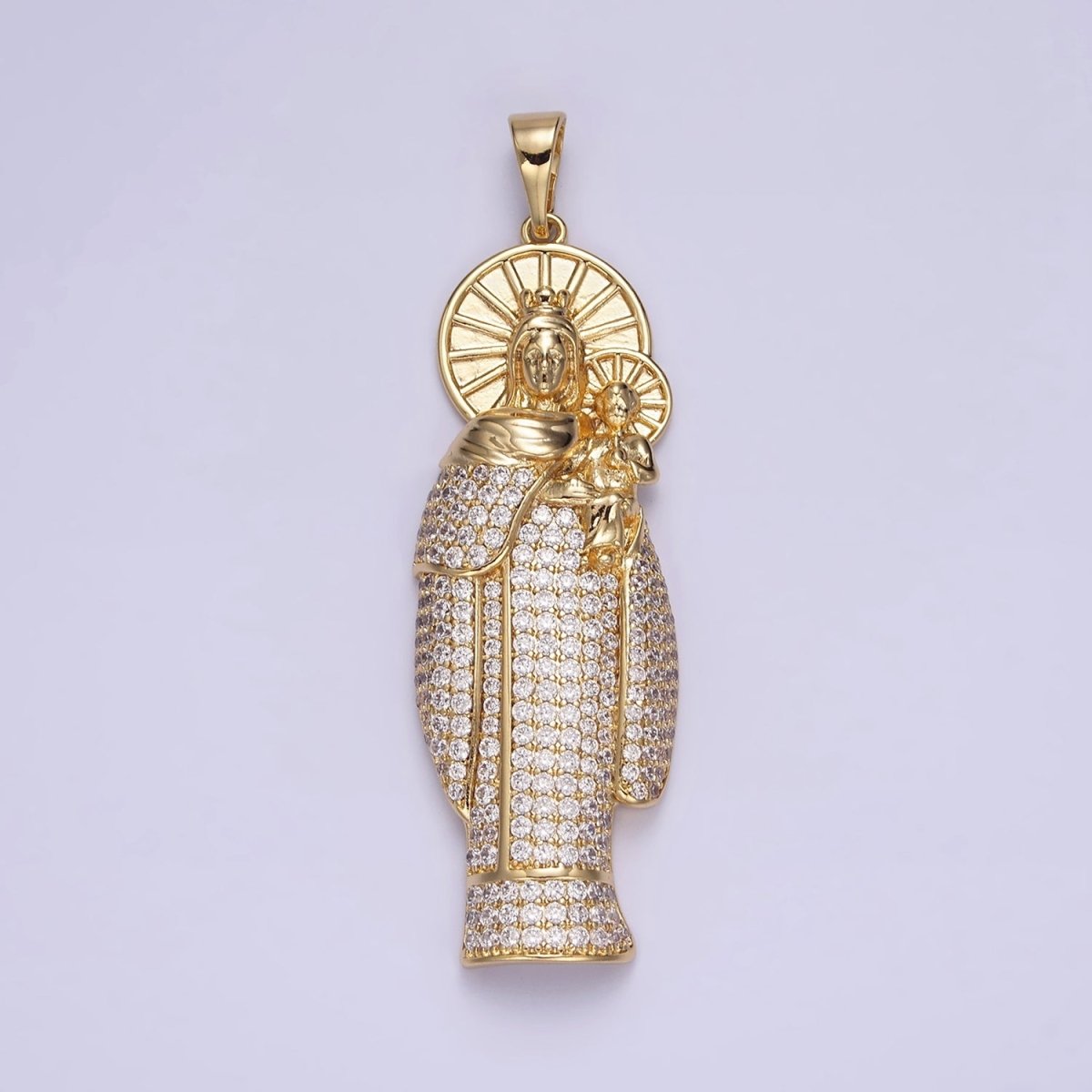 14K Gold plated 65mm Double Sunburst Lady Guadalupe Clear Micro Paved Pendant | AA648 - DLUXCA