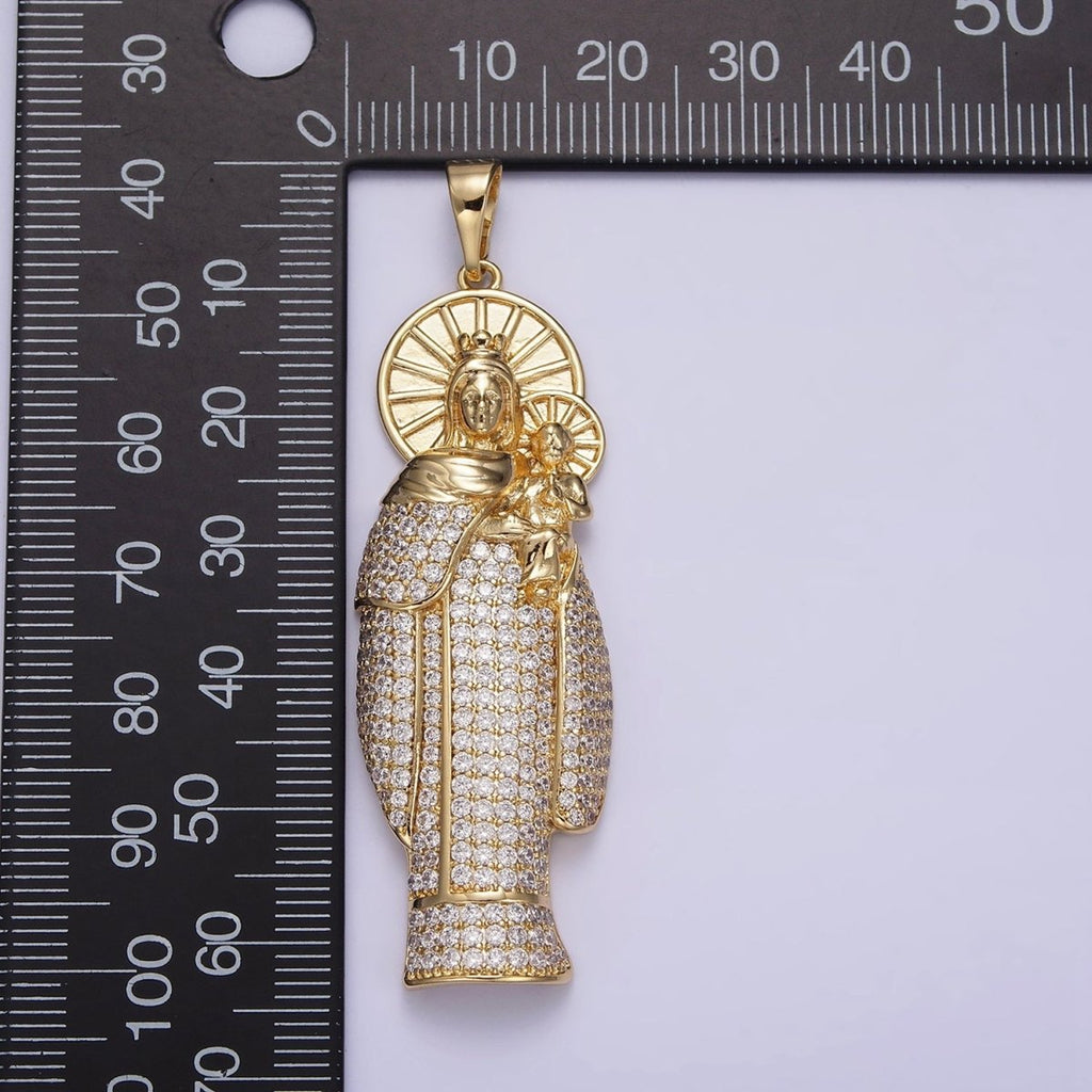14K Gold plated 65mm Double Sunburst Lady Guadalupe Clear Micro Paved Pendant | AA648 - DLUXCA