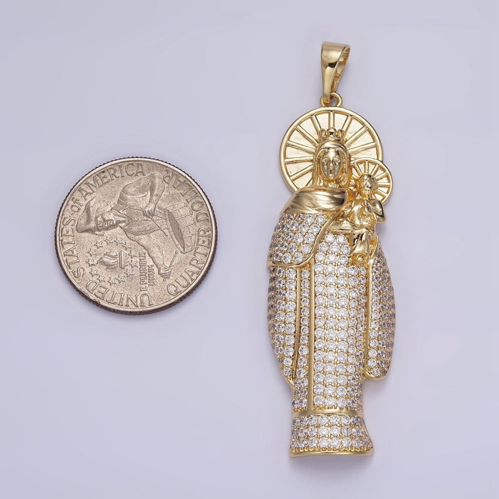 14K Gold plated 65mm Double Sunburst Lady Guadalupe Clear Micro Paved Pendant | AA648 - DLUXCA