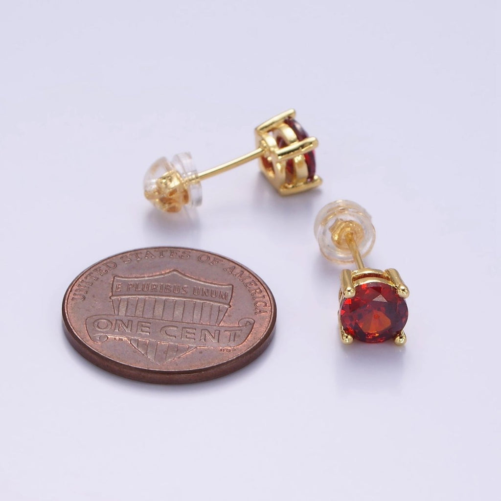 14K Gold plated 6mm Red CZ Birthstone Stud Earrings | P508 - DLUXCA