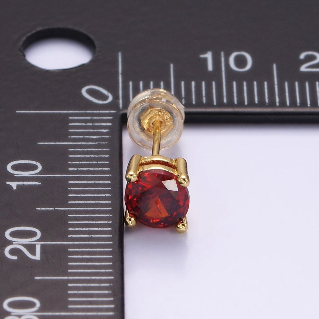 14K Gold plated 6mm Red CZ Birthstone Stud Earrings | P508 - DLUXCA