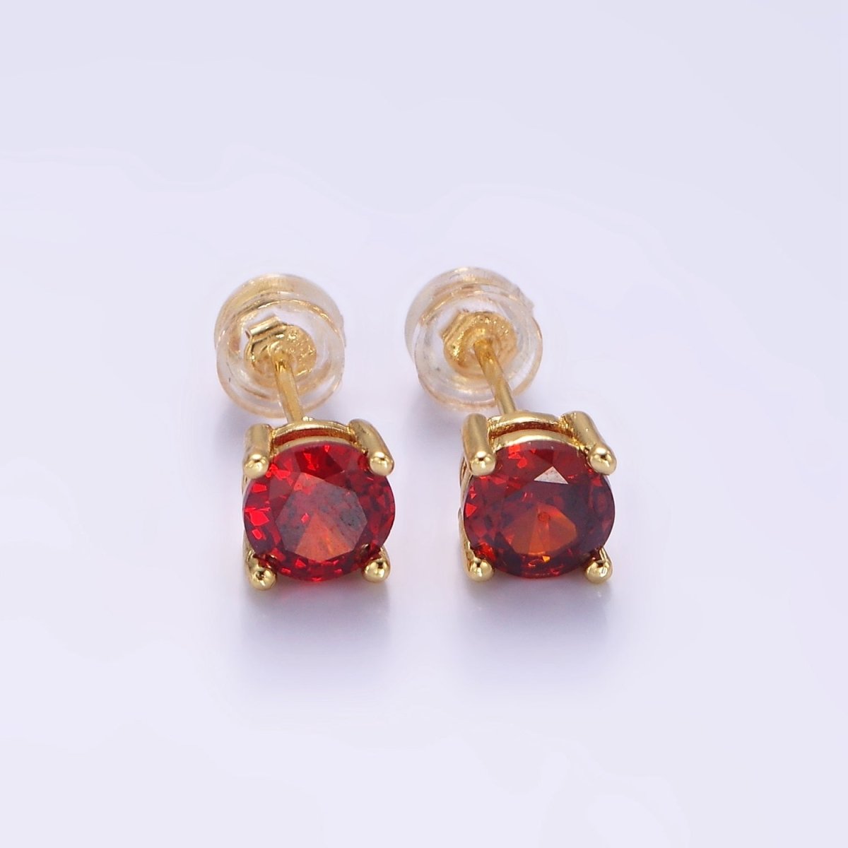 14K Gold plated 6mm Red CZ Birthstone Stud Earrings | P508 - DLUXCA