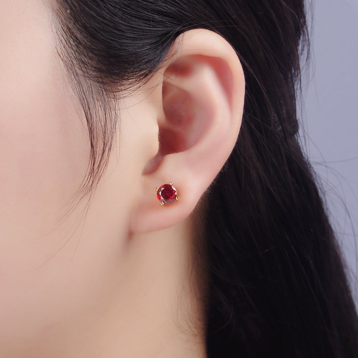 14K Gold plated 6mm Red CZ Birthstone Stud Earrings | P508 - DLUXCA