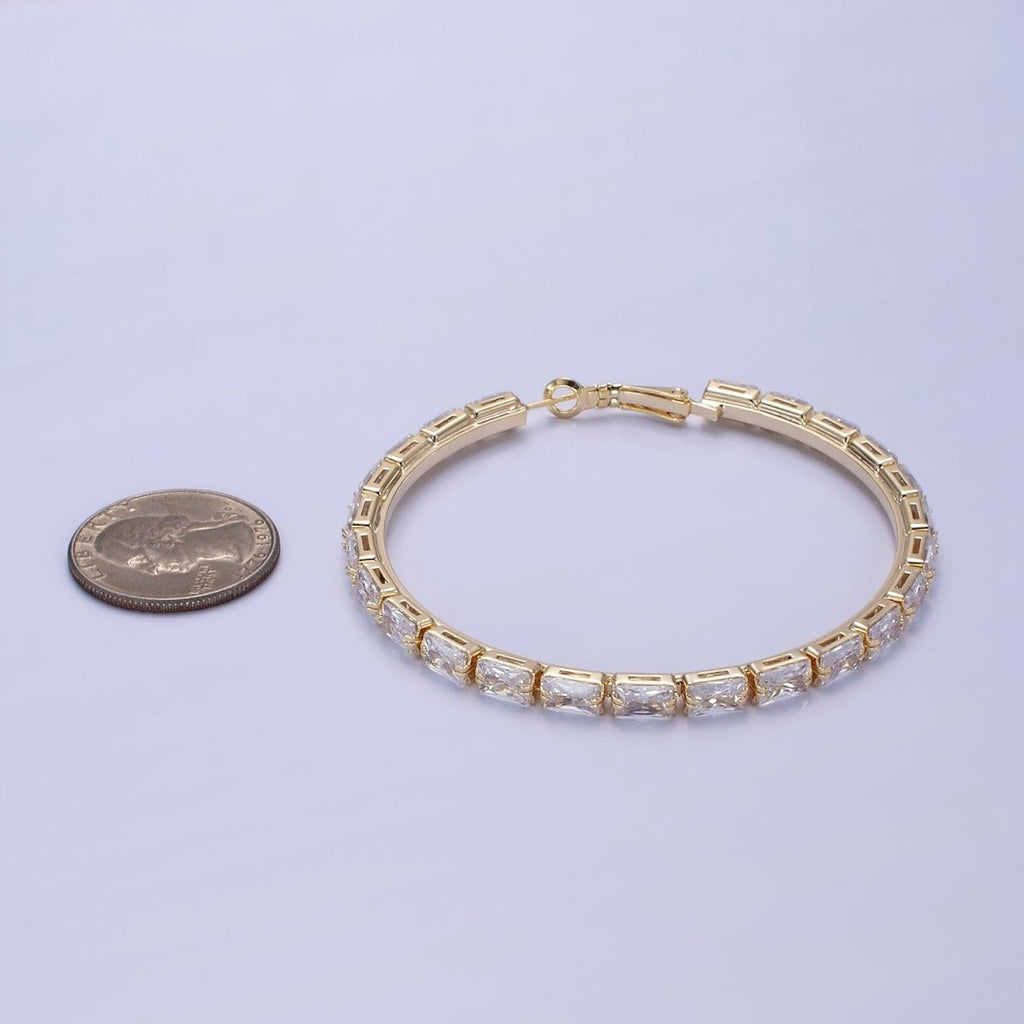 14K Gold plated 70mm Clear CZ Baguette Lined Hinge Hoop Earrings in Gold & Silver | AE511 AE512 - DLUXCA