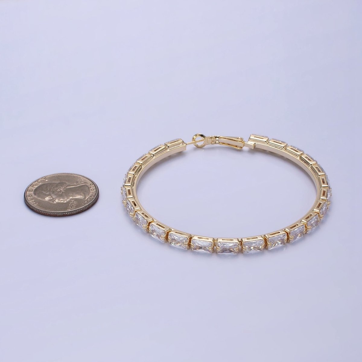 14K Gold plated 70mm Clear CZ Baguette Lined Hinge Hoop Earrings in Gold & Silver | AE511 AE512 - DLUXCA